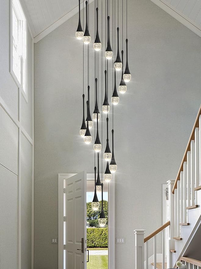 138'' Modern Chandelier,20-Lights Black Modern Pendant Light Fixture Staircase Large Chandelier Lobby Living Room Bedroom Foyer High Ceiling Chandelier