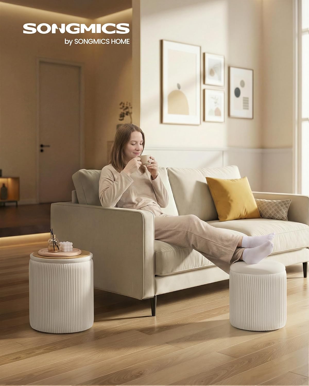 SONGMICS Vanity Stool, Set of 2, Round Storage Ottoman, Velvet | Small Coffee Table, Removable Lid, Easy Assembly, for Living Room, Bedroom, Cream White, ISLAND Collection ULOM017WD01
