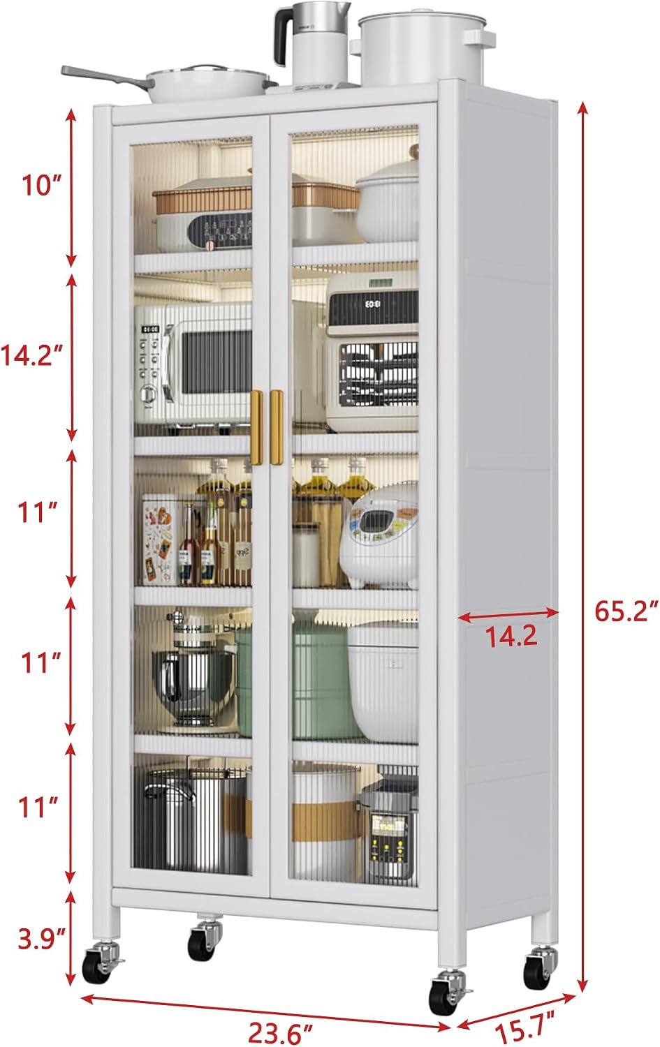White Metal 5-Tier Kitchen Pantry Cabinet with Acrylic Glass Doors & Wheels, Tall Storage Cabinet for Kitchen, Dining Room, Living Room, Office, Study