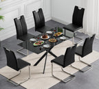Modern Black Glass Dining Table Set for 6, Glass Kitchen Table and Chairs Set of 6, 7 Piece Dining Table Set with 51" Rectangle Dinner Tables and 6 PU Leather Dining Chairs