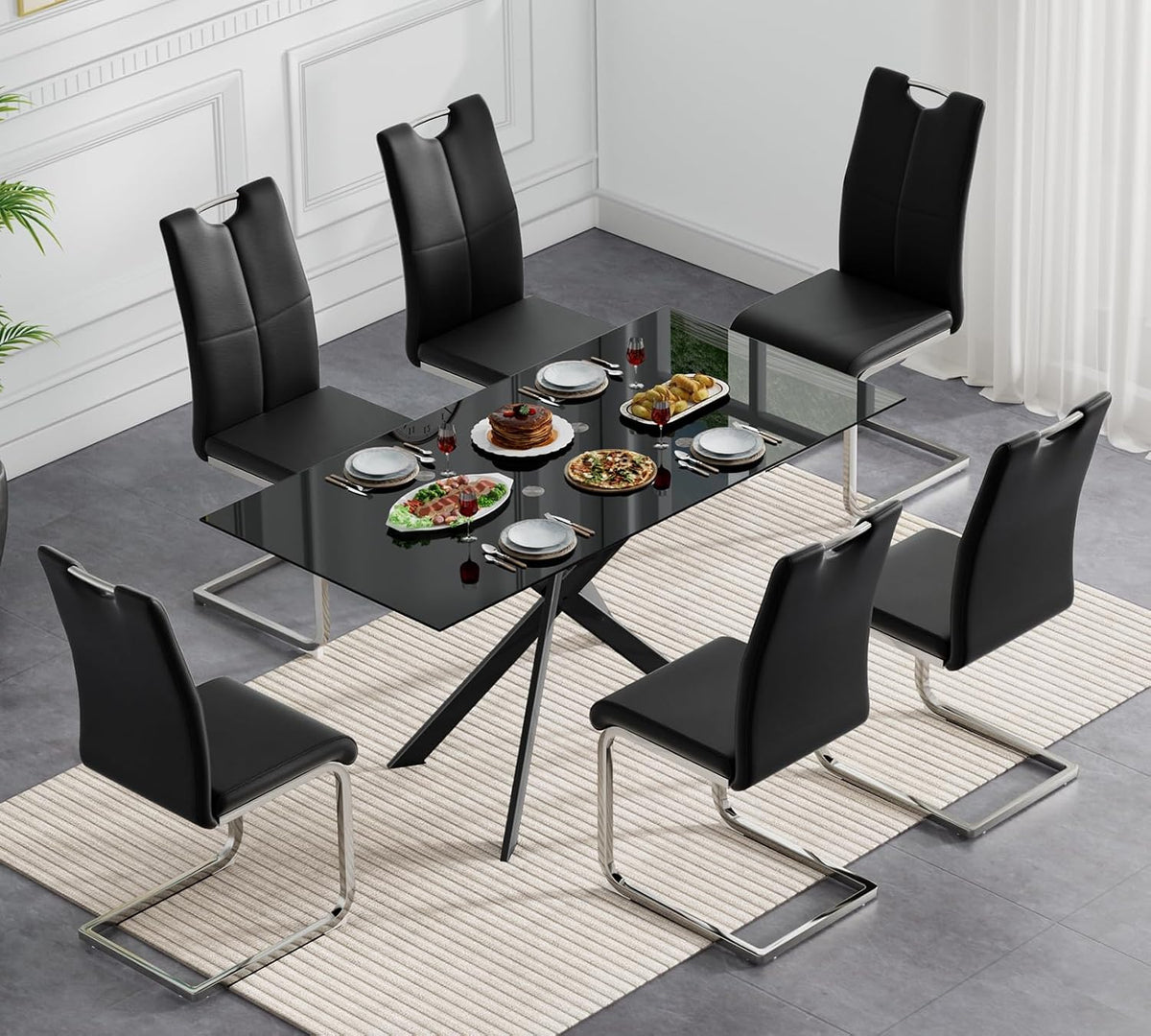 Modern Black Glass Dining Table Set for 6, Glass Kitchen Table and Chairs Set of 6, 7 Piece Dining Table Set with 51" Rectangle Dinner Tables and 6 PU Leather Dining Chairs