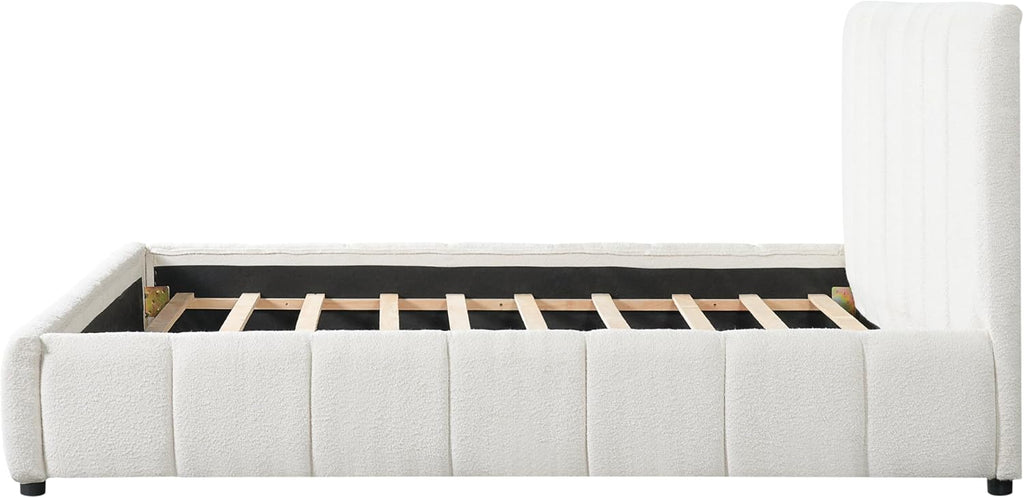Merax Boucle Upholstered Queen Bed Frame with 42.7" High Headboard & 3.9" Thick, Vertical Stripe Tufting Design, Modern Queen Size Platform Bed, Solid Wood Support Leg, Bear 600Lbs, Off White