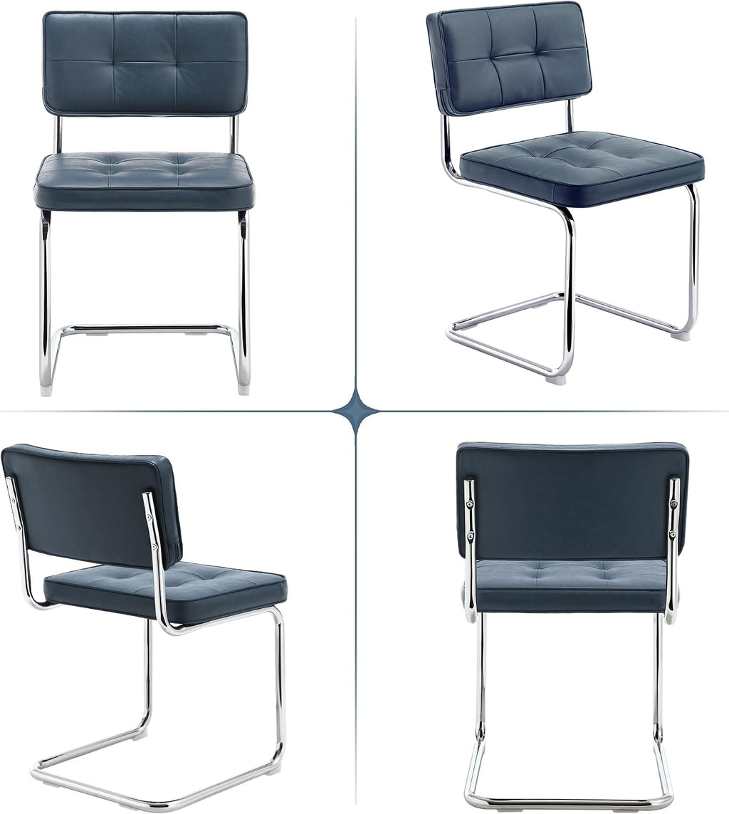 ONEVOG Retro Kitchen & Dining Chairs Set of 2, Mid Century Modern Dining Seat 19.3" with Faux Leather Cushion Back, Cantilever Chrome Metal Legs, Upholstered Armless Chair for Small Living Room, Blue