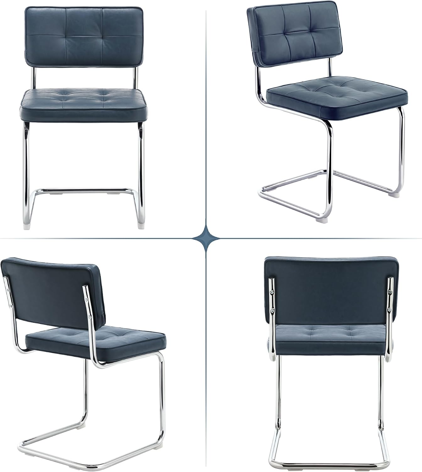ONEVOG Retro Kitchen & Dining Chairs Set of 2, Mid Century Modern Dining Seat 19.3" with Faux Leather Cushion Back, Cantilever Chrome Metal Legs, Upholstered Armless Chair for Small Living Room, Blue