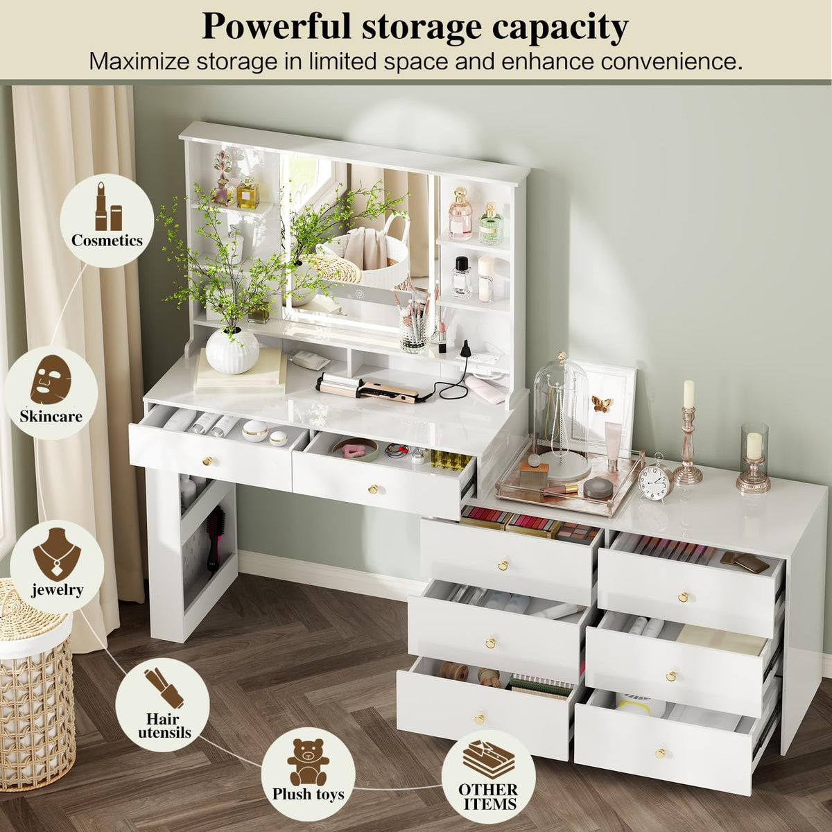 Ieejdn Makeup Vanity Desk with Mirror and Lights, Vanity Desk with 8 Drawers & Storage Shelves, Vanity Table with Power Outlet, 3 Color Modes & Adjustable Brightness Dressing Table, Bedroom,White