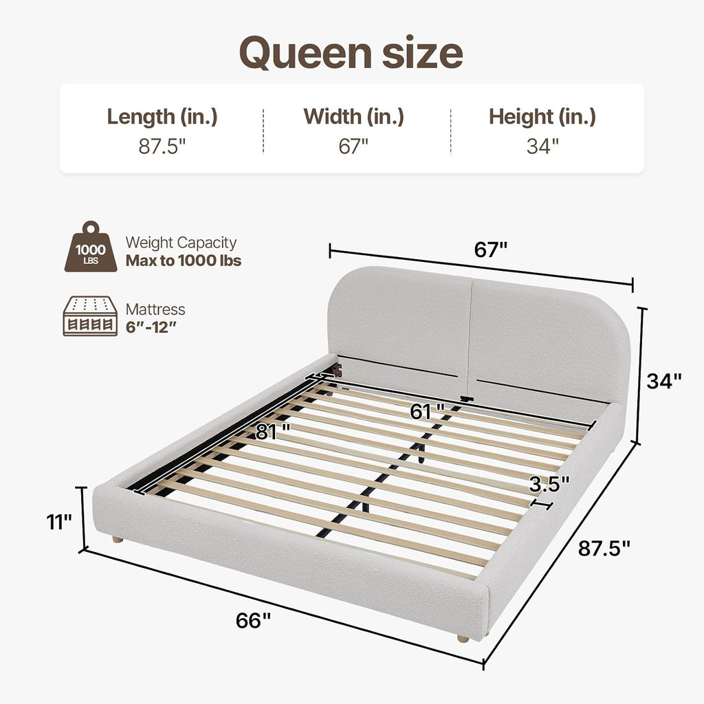 Kenhome Queen Size Boucle Cloud Bed Frame, Upholstered Platform Bed with Curved Headboard & Solid Wood Frame, Luxurious & Easy Assembly (Beige, Queen (U.S. Standard))