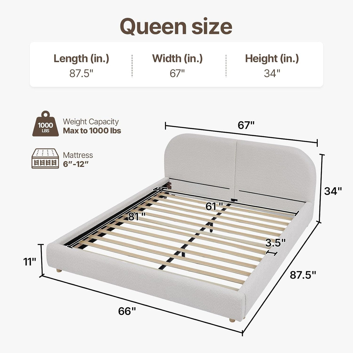 Kenhome Queen Size Boucle Cloud Bed Frame, Upholstered Platform Bed with Curved Headboard & Solid Wood Frame, Luxurious & Easy Assembly (Beige, Queen (U.S. Standard))