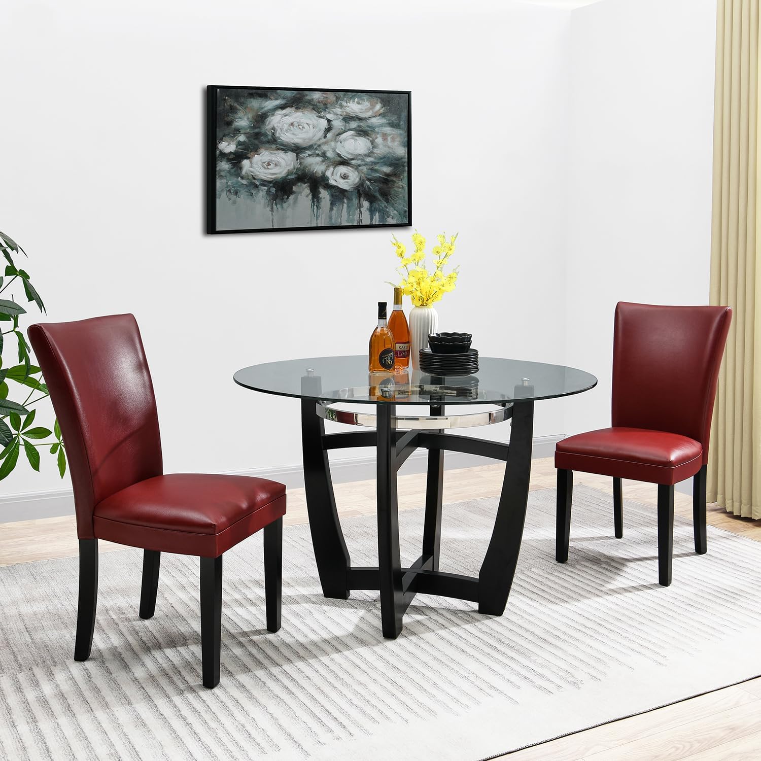 Set of 2 Retro Dining Chairs, Upholstered Parsons Chairs with Wooden Legs & Faux Leather, Perfect for Kitchen, Dining Room & Café, Wine Red