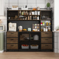 MOUMON 70.9" Extra Large Kitchen Pantry Cabinet with Hutch, Industrial Kitchen Hutch with 6 Drawers and 4 Mesh Doors, Large Coffee Bar Cabinet with Pegboard and Shelves, Brown and Black