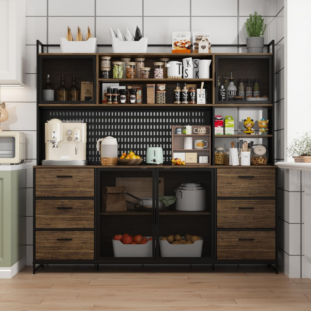 MOUMON 70.9" Extra Large Kitchen Pantry Cabinet with Hutch, Industrial Kitchen Hutch with 6 Drawers and 4 Mesh Doors, Large Coffee Bar Cabinet with Pegboard and Shelves, Brown and Black
