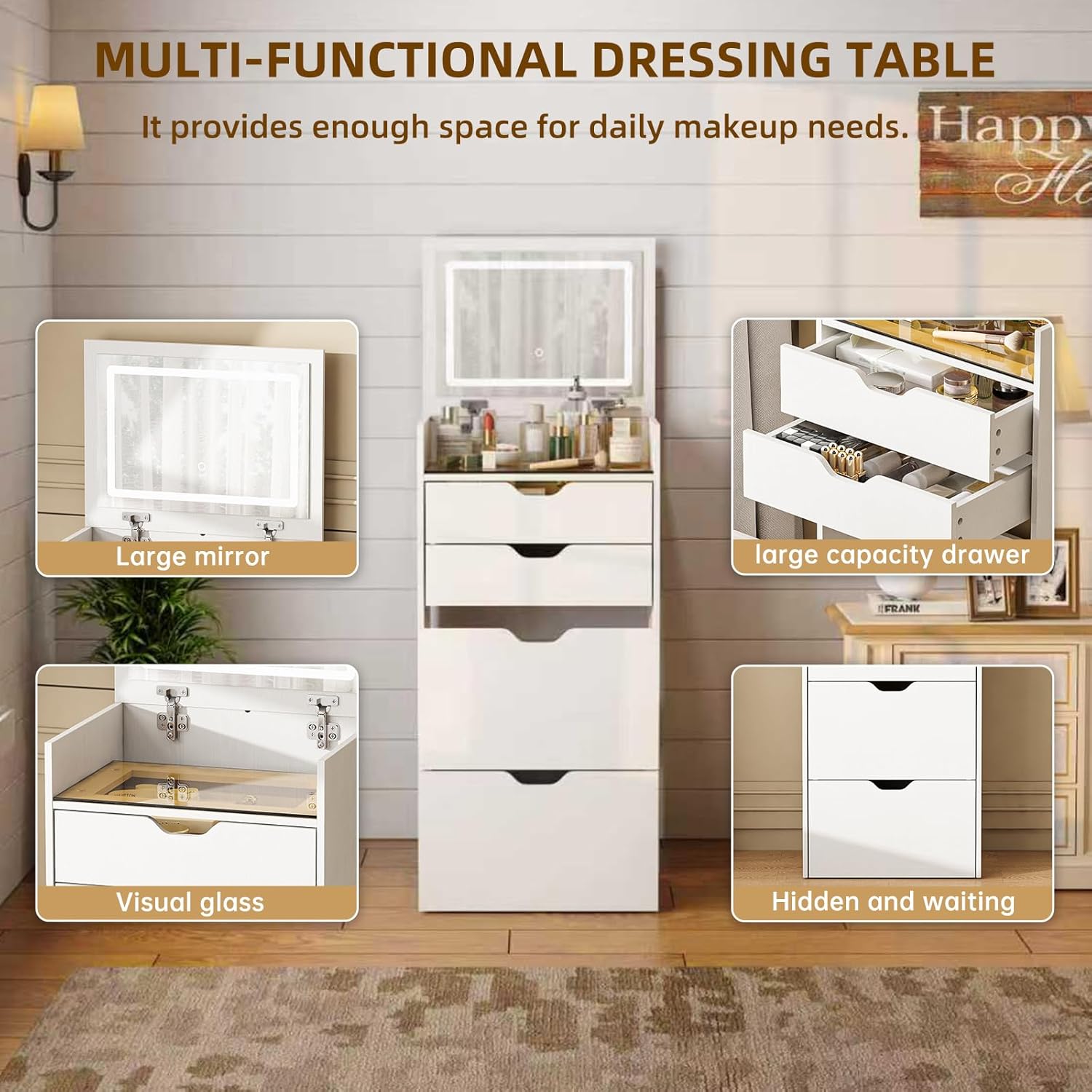 3-in-1 Vanity with Mirror and Lights, Modern Compact Vanity Table with 3 Storage Drawer, Small Makeup Vanity Desk, Dressing Table with Cushioned Stool for Bedroom, Cloakroom (Flip vanity White)
