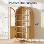 63" Tall Arched Cabinet with Glass Doors, Kitchen Pantry Storage Cabinet with Dust-Proof Rattan, 5-Tier Curio China Cabinet with Adjustable Shelves for Living Room Dining Room, Oak