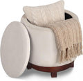 GIANTEX Round Ottoman with Storage, 360° Swivel Velvet Vanity Stool with Removable Lid, Wood Frame & Legs, Ottoman Foot Rest for Living Room, Bedroom, Makeup Room No Assembly (White & Walnut)