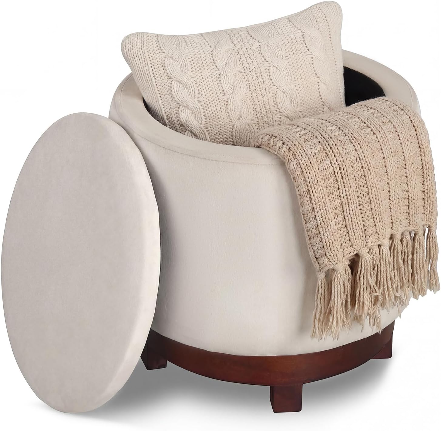 GIANTEX Round Ottoman with Storage, 360° Swivel Velvet Vanity Stool with Removable Lid, Wood Frame & Legs, Ottoman Foot Rest for Living Room, Bedroom, Makeup Room No Assembly (White & Walnut)
