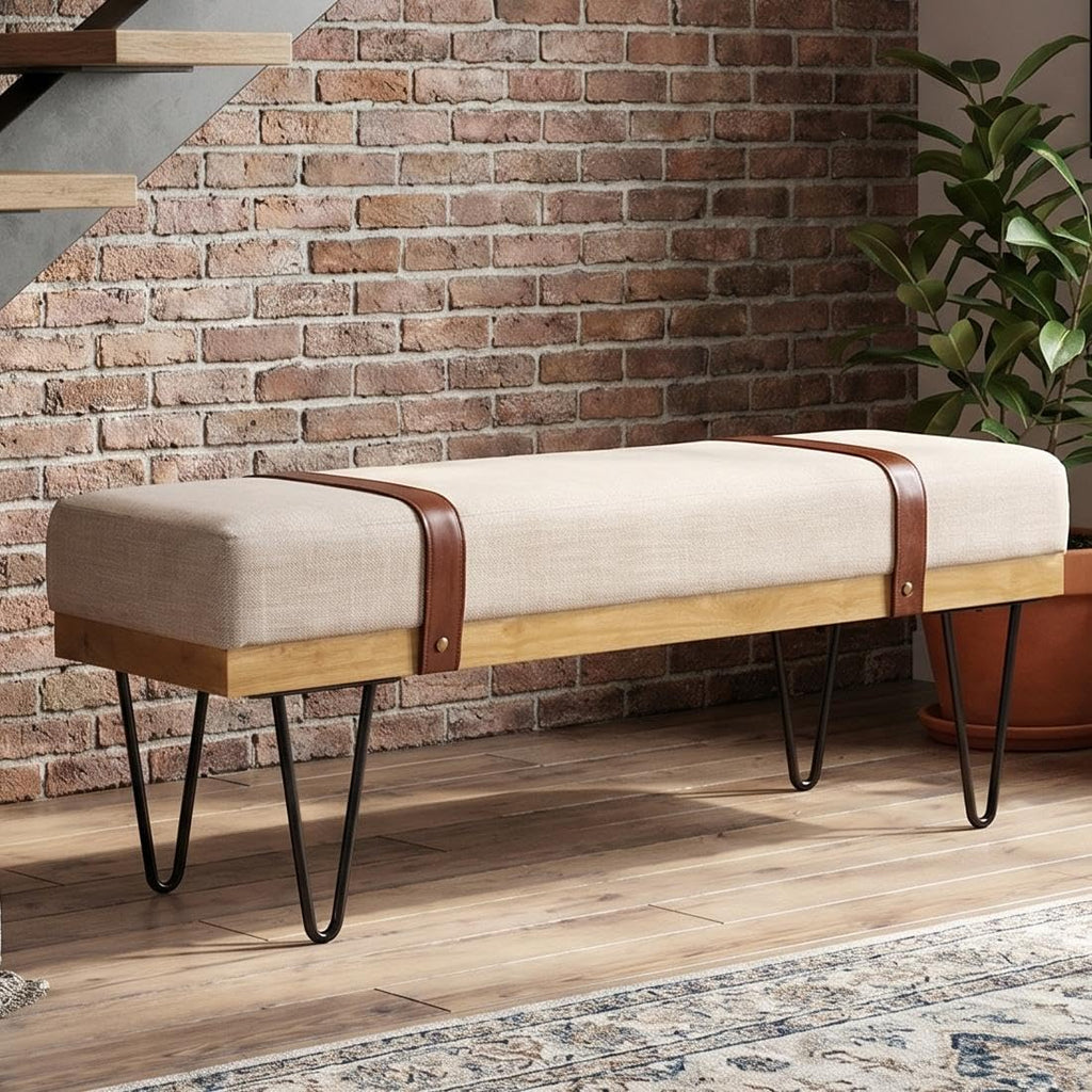 DUOMAY Industrial Modern Linen Rectangle Ottoman Bench with PU Strap and Metal Legs, Mid Century Dining Table Bench Footstool Entryway Shoe Bench for Bedroom Dining Room Living Room, Beige