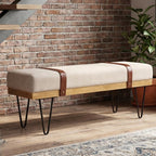 DUOMAY Industrial Modern Linen Rectangle Ottoman Bench with PU Strap and Metal Legs, Mid Century Dining Table Bench Footstool Entryway Shoe Bench for Bedroom Dining Room Living Room, Beige
