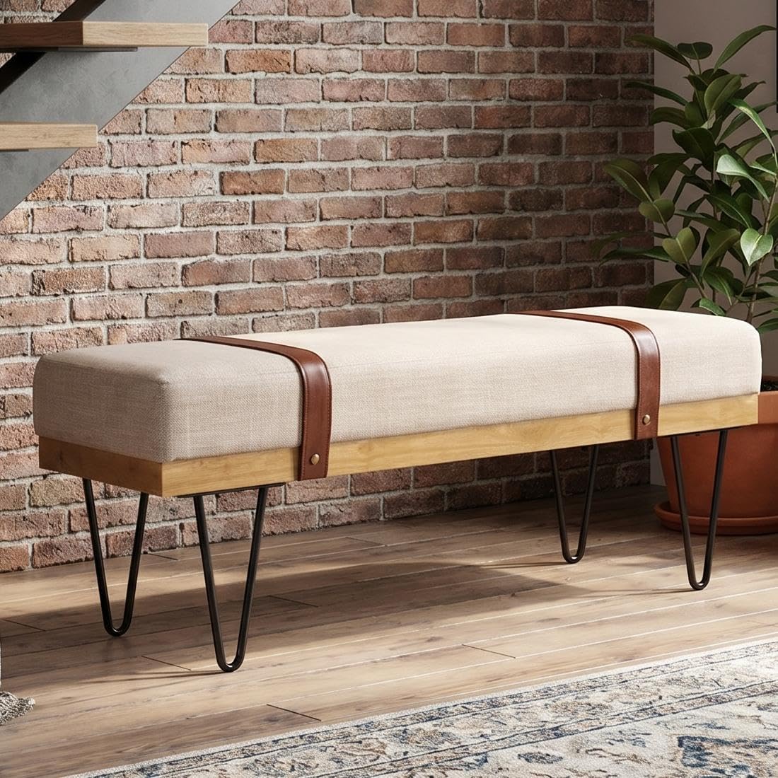 DUOMAY Industrial Modern Linen Rectangle Ottoman Bench with PU Strap and Metal Legs, Mid Century Dining Table Bench Footstool Entryway Shoe Bench for Bedroom Dining Room Living Room, Beige