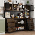 MOUMON 70.9" Extra Large Kitchen Pantry Cabinet with Hutch, Industrial Kitchen Hutch with 6 Drawers and 4 Mesh Doors, Large Coffee Bar Cabinet with Pegboard and Shelves, Brown and Black