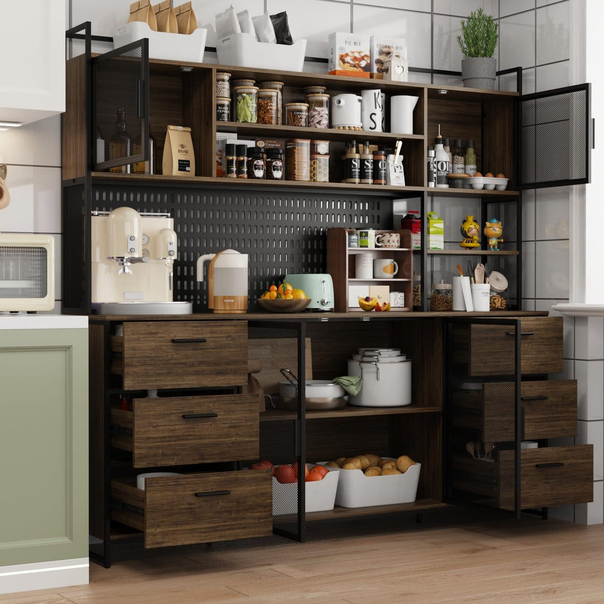 MOUMON 70.9" Extra Large Kitchen Pantry Cabinet with Hutch, Industrial Kitchen Hutch with 6 Drawers and 4 Mesh Doors, Large Coffee Bar Cabinet with Pegboard and Shelves, Brown and Black