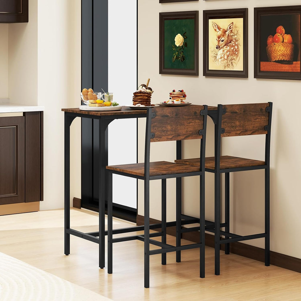 GOFLAME 3-Piece Bar Table Set, Counter Height Pub Table & 2 Barstools with Metal Frame, Industrial Space Saving Dining Set for Kitchen, Dining Room, Bistro, Restaurant, Small Space, Rustic Brown