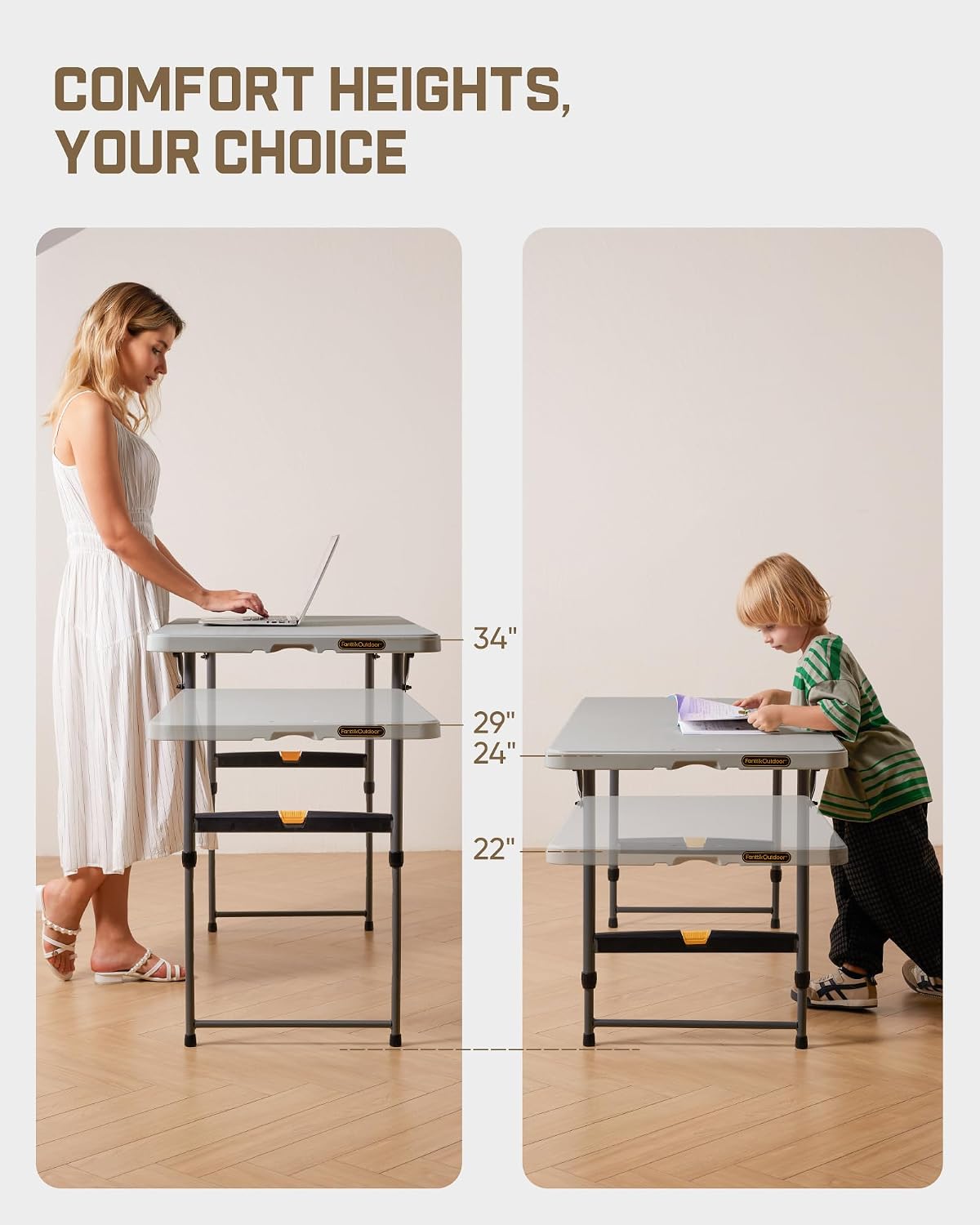 FanttikOutdoor Folding Table 4 Foot Quick Adjust Portable Plastic 4 Heights | Effortless Adjustable Height Small Card Table, Fixing Lock Indoor Outdoor Use for Party Camping, 1 Pack Grey Zeta X4 Pro