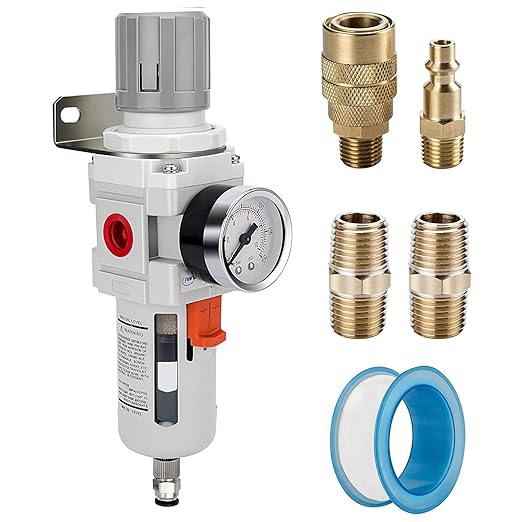 NANPU 1/2" NPT Compressed Air Filter Regulator Combo Piggyback, 5 Micron Brass Element, Poly Bowl, Semi-Auto Drain, Metal Bracket, 0-150 psi Gauge