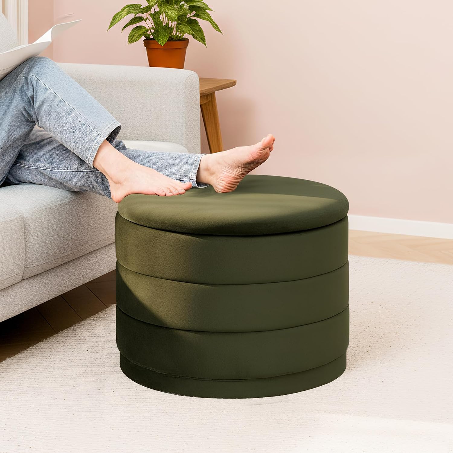 23" Round Velvet Storage Ottoman with Reversible Lid, Soft Padded Footrest and Hidden Storage, Large Upholstere Tray Top Ottoman Footstool for Living Room, Bedroom, Entryway, Olive Grreen