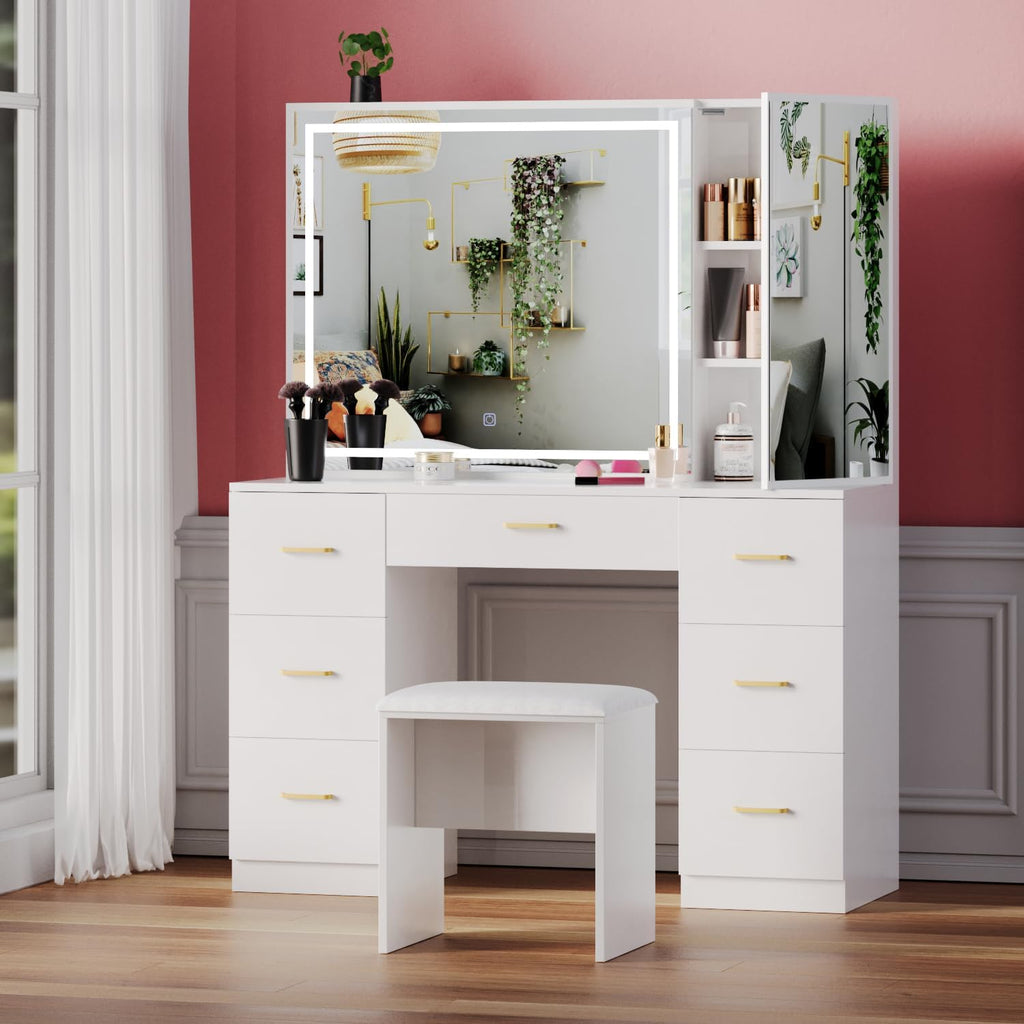 Wildhome Vanity Desk with Mirror and Lights, Makeup Vanity Desk with 7 Drawers & Cushioned Stool, Hidden Cabinet, Brightness Adjustable, Vanity Table for Bedroom, Dressing Room, Women, Girl (White)