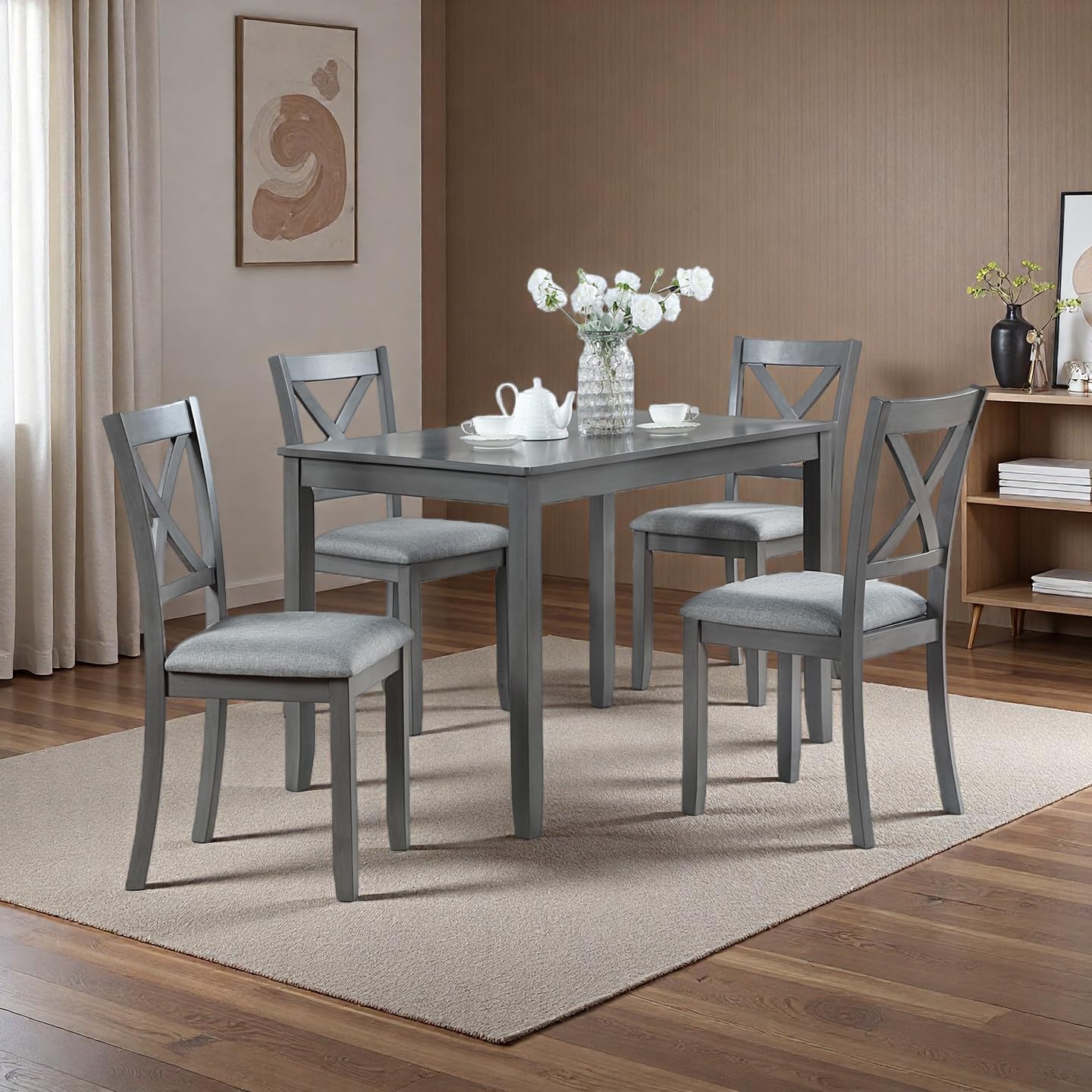 RuiSiSi 5 Piece Dining Table Set for 4, Farmhouse Kitchen Table with 4 Padded Seat Chairs, Wood 5 Piece Dinette Set Rectangular Table for Kitchen, Living Room, Gray