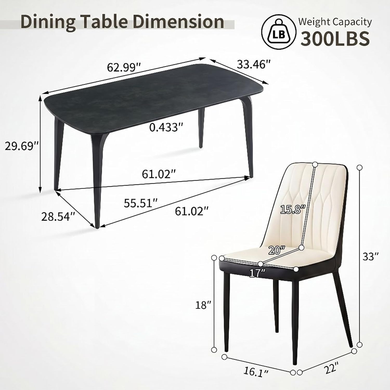 Modern Dining Table Set for 6,63 inch Sintered Stone Kitchen Table and Chairs,Rectangular Dining Table Set of 6 with PU Leather Chair,7 Piece Dining Room Table Set for Kitchen, Office, Apartment