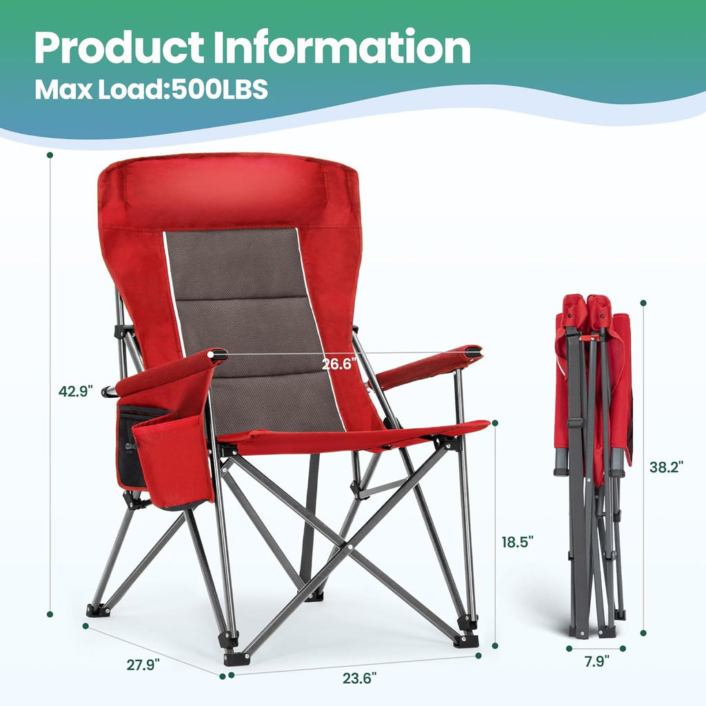 HIGH POINT SPORTS Oversized Folding Camping Chairs for Adults, High Backrest Heavy Duty Lawn Chairs Support 500 LBS Portable Collapsible Camp Chairs with Cup Holders,Side Pocket, Red