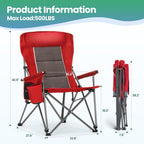 HIGH POINT SPORTS Oversized Folding Camping Chairs for Adults, High Backrest Heavy Duty Lawn Chairs Support 500 LBS Portable Collapsible Camp Chairs with Cup Holders,Side Pocket, Red