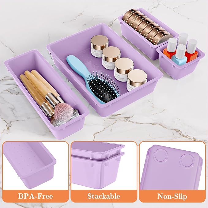 25 PCS Plastic Drawer Organizer Set, 4-Size Versatile Organizer Trays & storage Bins for Makeup, Jewelry, and Gadgets in Bathroom, Bedroom and Office, Purple
