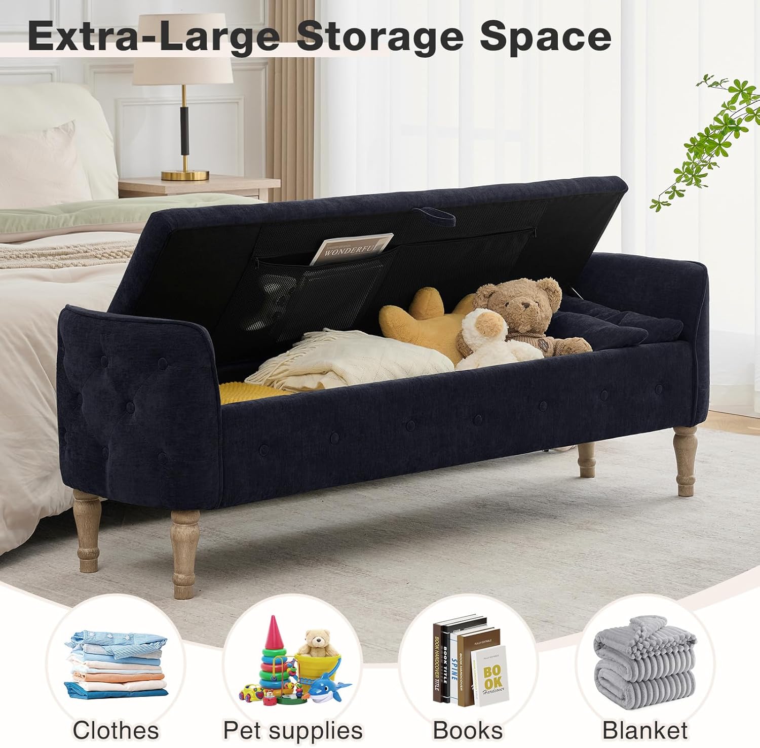 67'' King Size Storage Bench for Bedroom End of Bed,Linen Bedroom Bench with Storage for Foot of Bed,Upholstered Storage Ottoman Bench with Cushion and Wood Legs for Living Room Entryway Window,Black