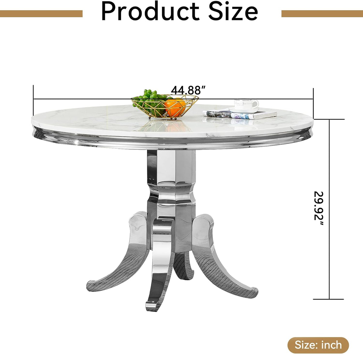 45 inch White Marble Round Dining Table for 4 to 6, Modern Round Dining Table with Faux Marble Top & Silver Stainless Steel Y Base, Luxury Marble Kitchen Dining Room Table for Dinette Party Gathering