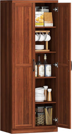 HOMCOM 63" 2-Door Kitchen Pantry, Freestanding Storage Cabinet with 5-Tier Shelving and 2 Adjustable Shelves for Dining Room, Brown