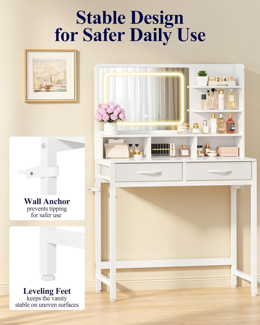 Kitsure 31.5" W Small Vanity Desk with Mirror and Lights, 2 Fabric Drawers | Bedroom, Gifting, Makeup Vanity, 6 Open Shelves, 3 Lighting Modes, Stable Frame, White