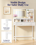 Kitsure 31.5" W Small Vanity Desk with Mirror and Lights, 2 Fabric Drawers | Bedroom, Gifting, Makeup Vanity, 6 Open Shelves, 3 Lighting Modes, Stable Frame, White