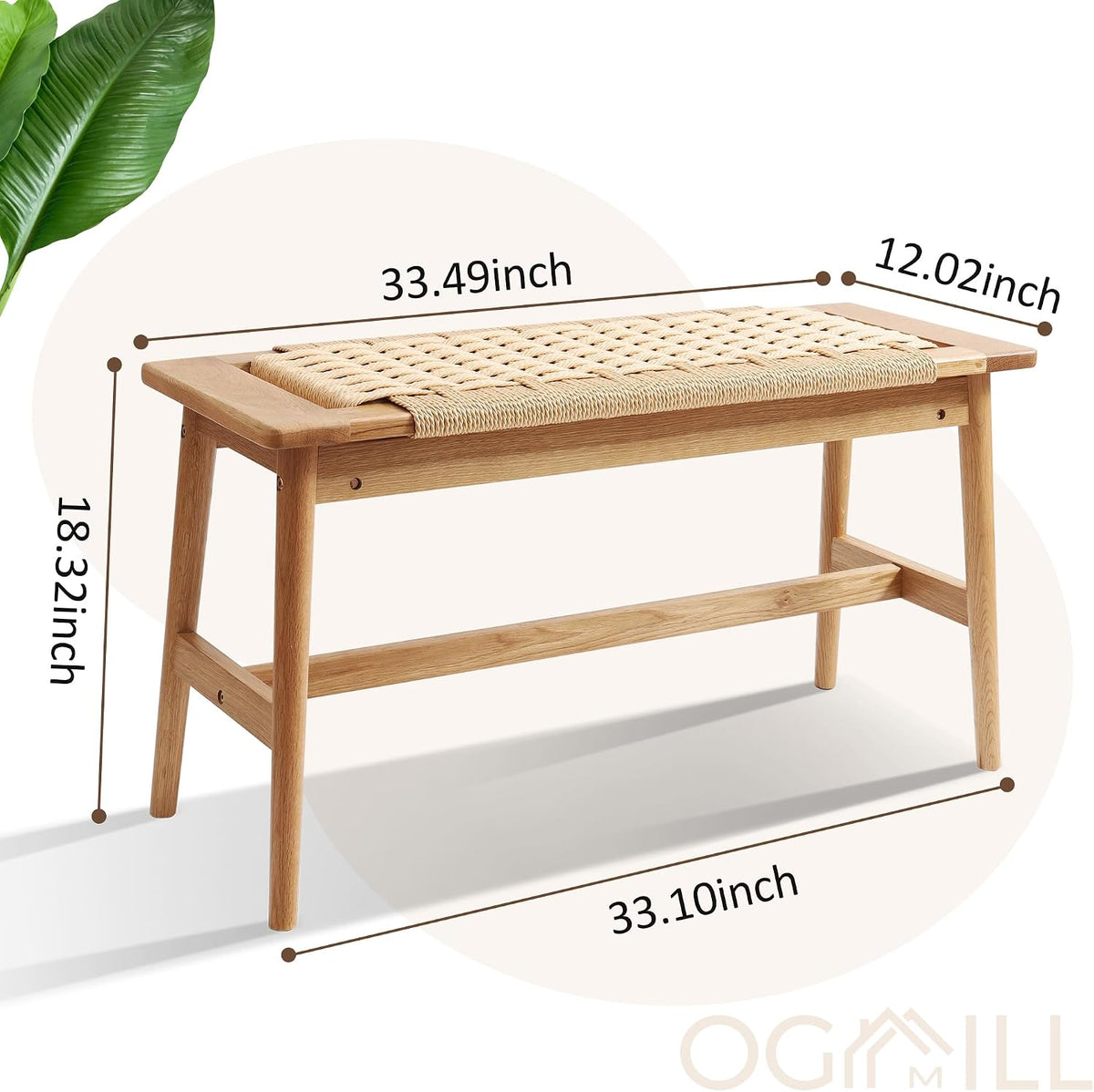 OGMILL 33.5" L Wood Dining Bench Indoor, 100% Natural Solid Oak Bed Bench Hand Woven Enterway Bench Small Bench for Dining Room, Bedroom, Kitchen (Natural)