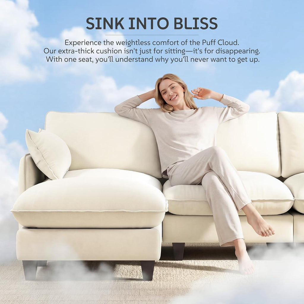 Ihanherry 105" Modular Sectional Sofa, L-Shaped Cloud Couch with Oversized Large Cushions & Movable Ottoman, Chenille Deep Seat Couch for Living Room, Beige