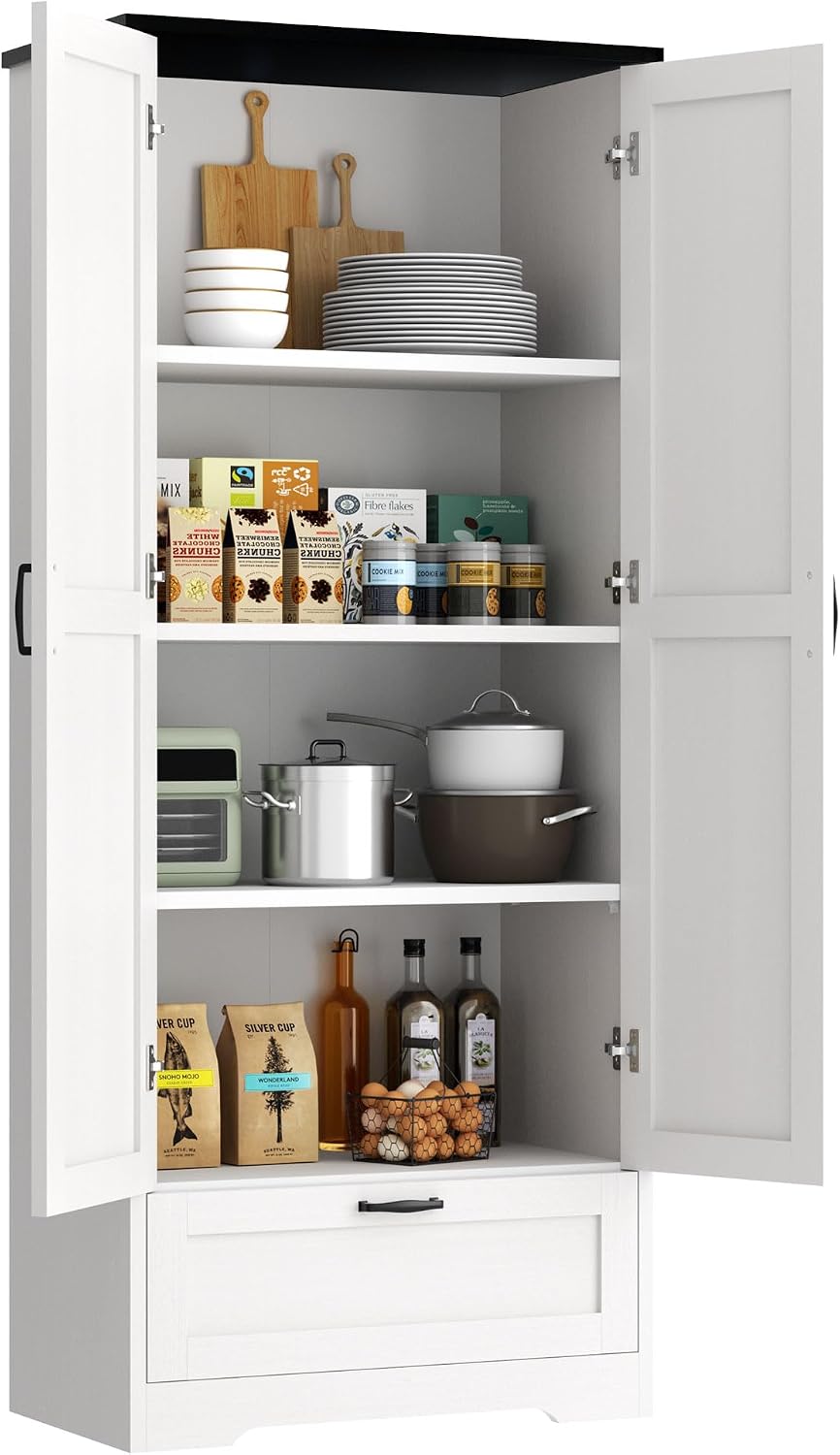 Vongrasig Kitchen Pantry Storage Cabinet with Barn Doors, Drawer and Adjustable Shelves, 4-Tier Tall Rustic Wood Cupboard Locker for Kitchen, Dining Room, Living Room, Bathroom, (White)