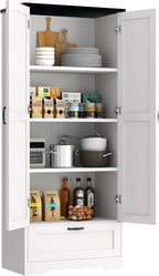 Vongrasig Kitchen Pantry Storage Cabinet with Barn Doors, Drawer and Adjustable Shelves, 4-Tier Tall Rustic Wood Cupboard Locker for Kitchen, Dining Room, Living Room, Bathroom, (White)