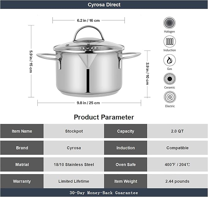 Tri-Ply Stainless Steel Sauce Pan with Steamer Basket & Straining Glass Lid — Heavy-Duty, Thick Base,Rust-Resistant,Warp-Free —100% Food-Grade —Built to Last– Works with All Stovetops, Pasta Pot 2 QT