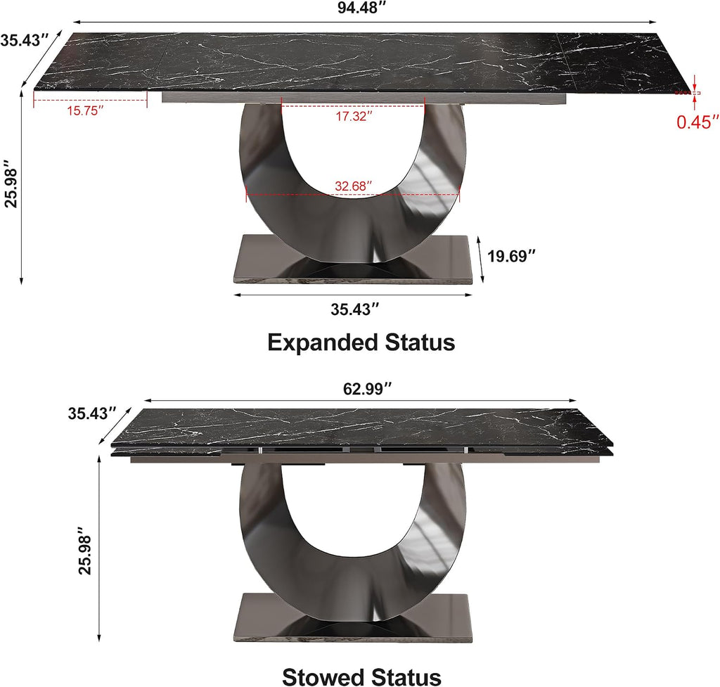 Modern Expandable Dining Table 62.99" to 94.48", 6-10" Marble Look Sintered Stone Rectangular Dining Table with Black Carbon Steel Crescent Legs, Save Dining Room Kitchen Space (Knight Black)