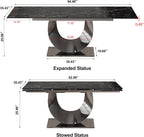 Modern Expandable Dining Table 62.99" to 94.48", 6-10" Marble Look Sintered Stone Rectangular Dining Table with Black Carbon Steel Crescent Legs, Save Dining Room Kitchen Space (Knight Black)