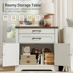 RALGEND Farmhouse End Table with Charging Station, 24'' Sofa Side Table with 2 Drawers and Barn Door, Large Rustic Wooden Square Nightstand for Bedroom, Living Room, White and Walnut