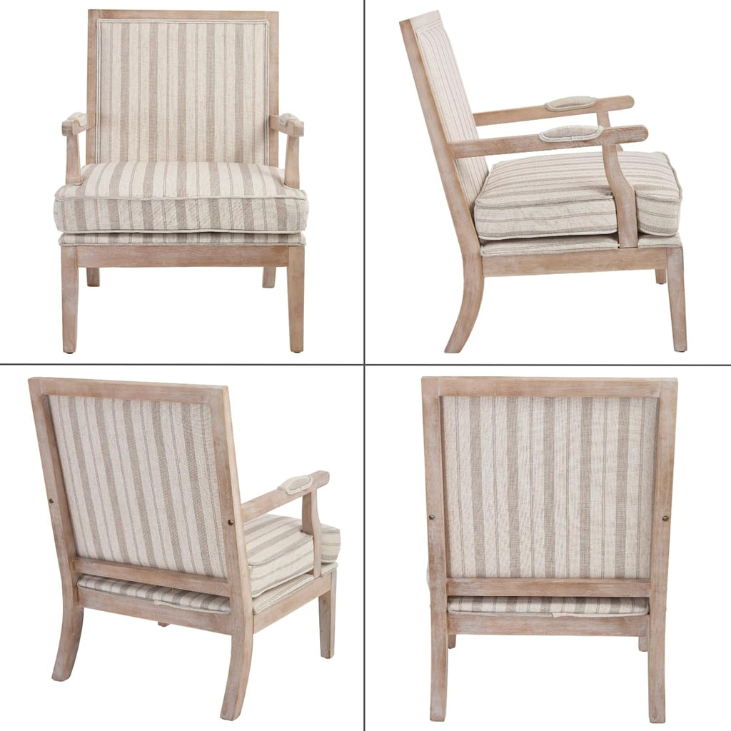 Modern Farmhouse Striped Accent Chair, Wide Upholstered Armchair with Armrest Pads, Coastal French Country Solid Wood Reading Chair for Living Room Bedroom Guest Room, Linen Fabric