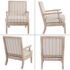 Modern Farmhouse Striped Accent Chair, Wide Upholstered Armchair with Armrest Pads, Coastal French Country Solid Wood Reading Chair for Living Room Bedroom Guest Room, Linen Fabric