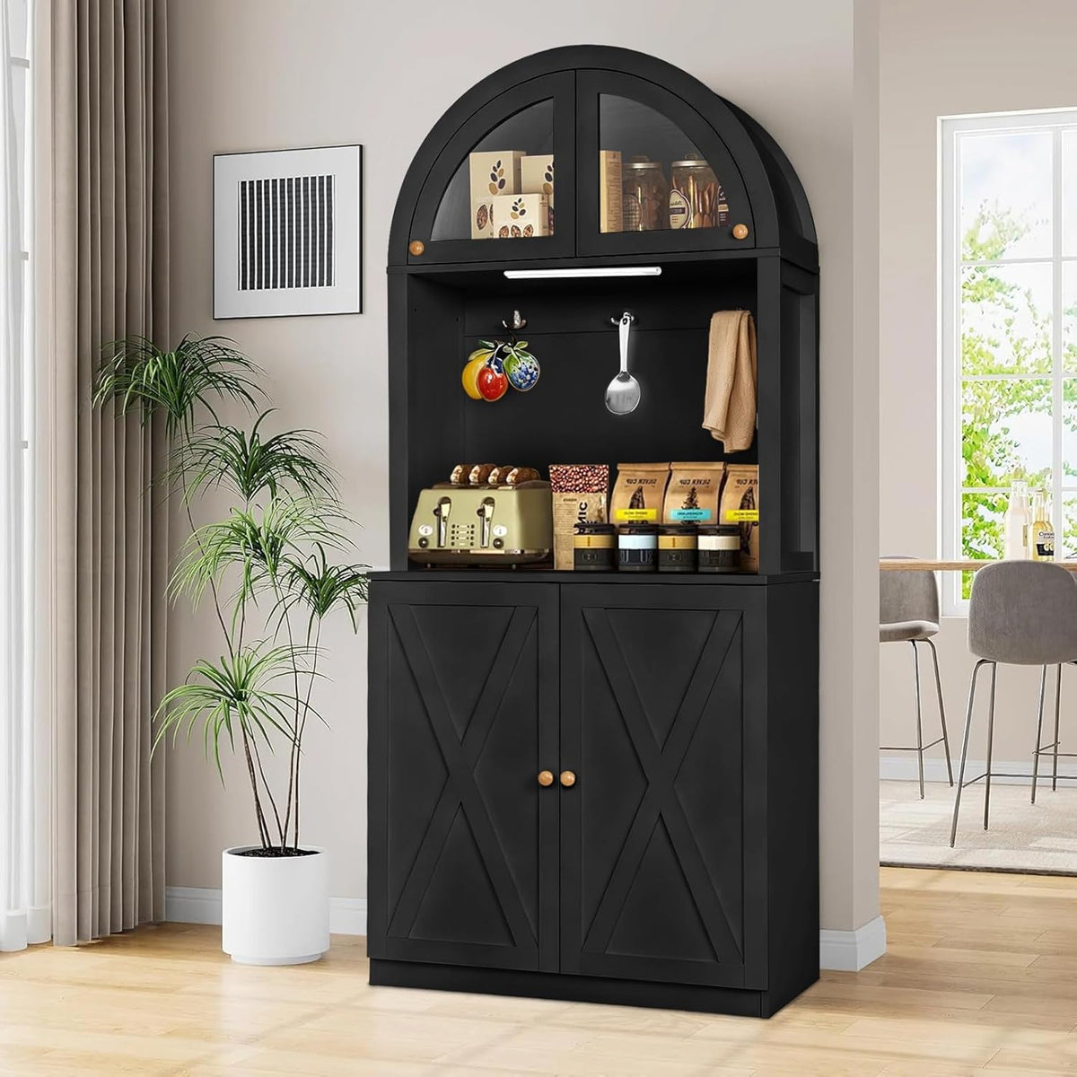 71" Tall Arched Kitchen Pantry Cabinet, Farmhouse Storage Cabinet with LED Light, Adjustable Shelves & Glass Door, Versatile Cupboard for Kitchen, Dining Room, Bathroom