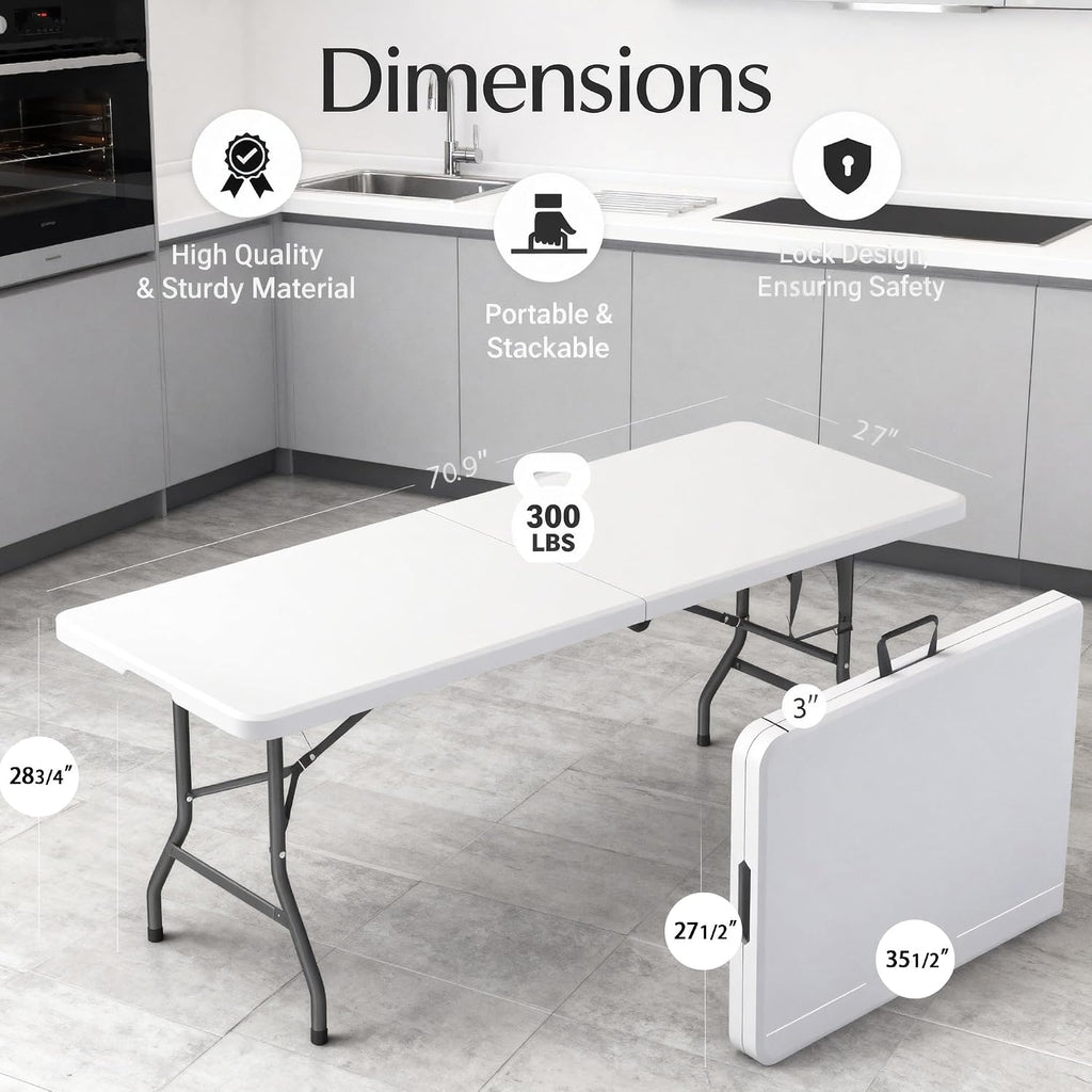 6 Feet Folding Table with Built in Handle & Fold-in-Half | Heavy Duty Portable | Lightweight Perfect for Party, Dining, Wedding, Events, Picnic Indoor, Outdoor, Camping, Utility-10P